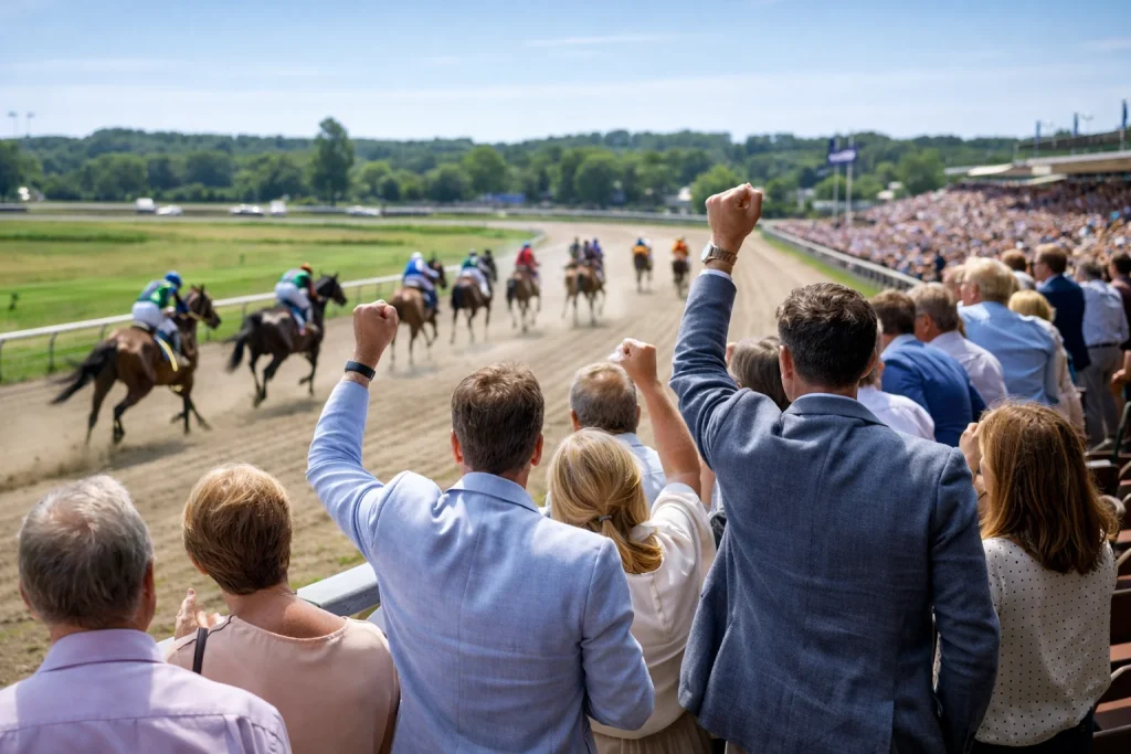 Feestelijke sfeer bij paardenrace met publiek