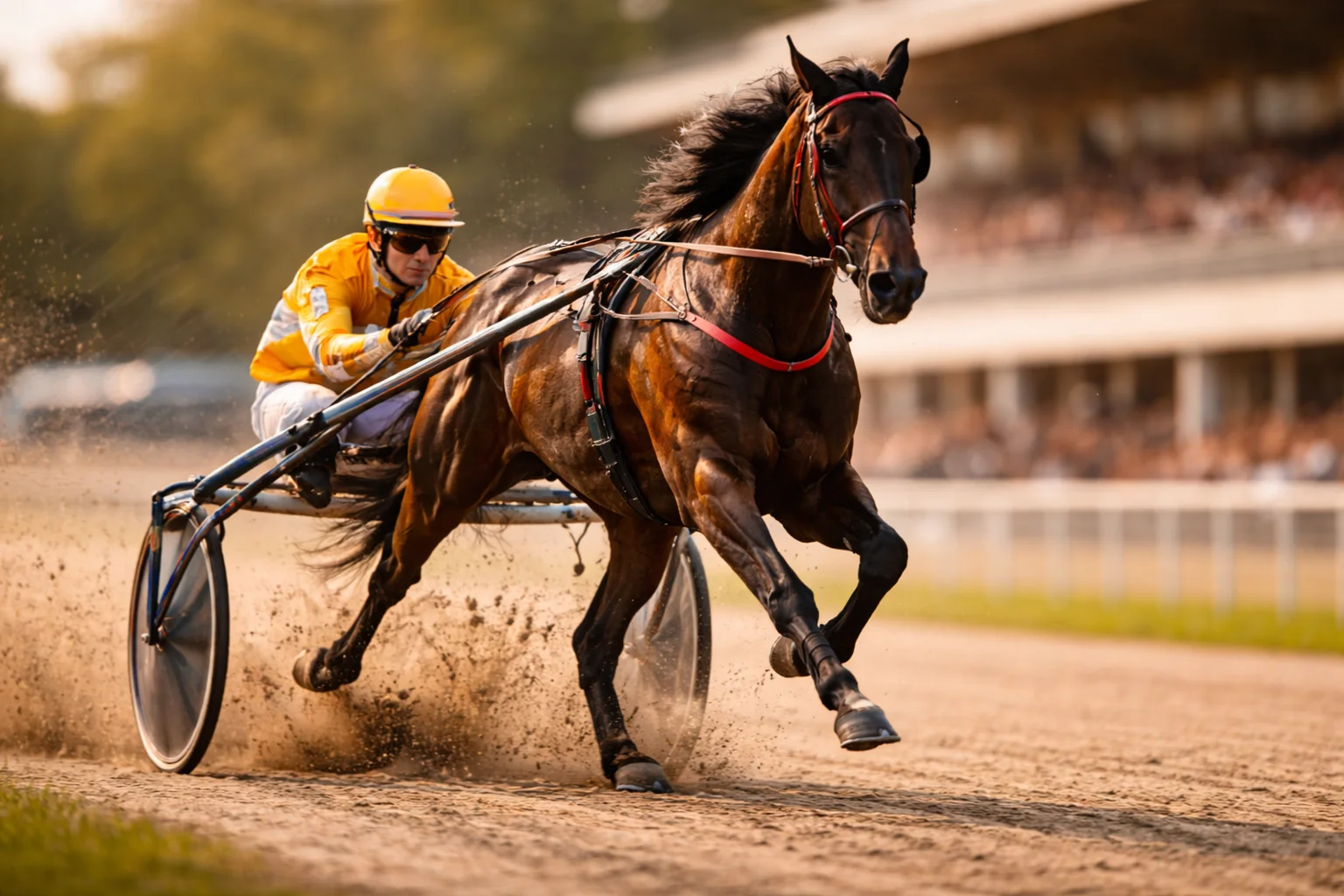 Drafpaard met sulky en pikeur tijdens wedstrijd op zandbaan