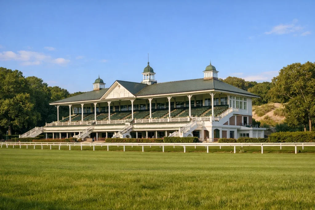 Elegante tribune van renbaan Duindigt in groene omgeving