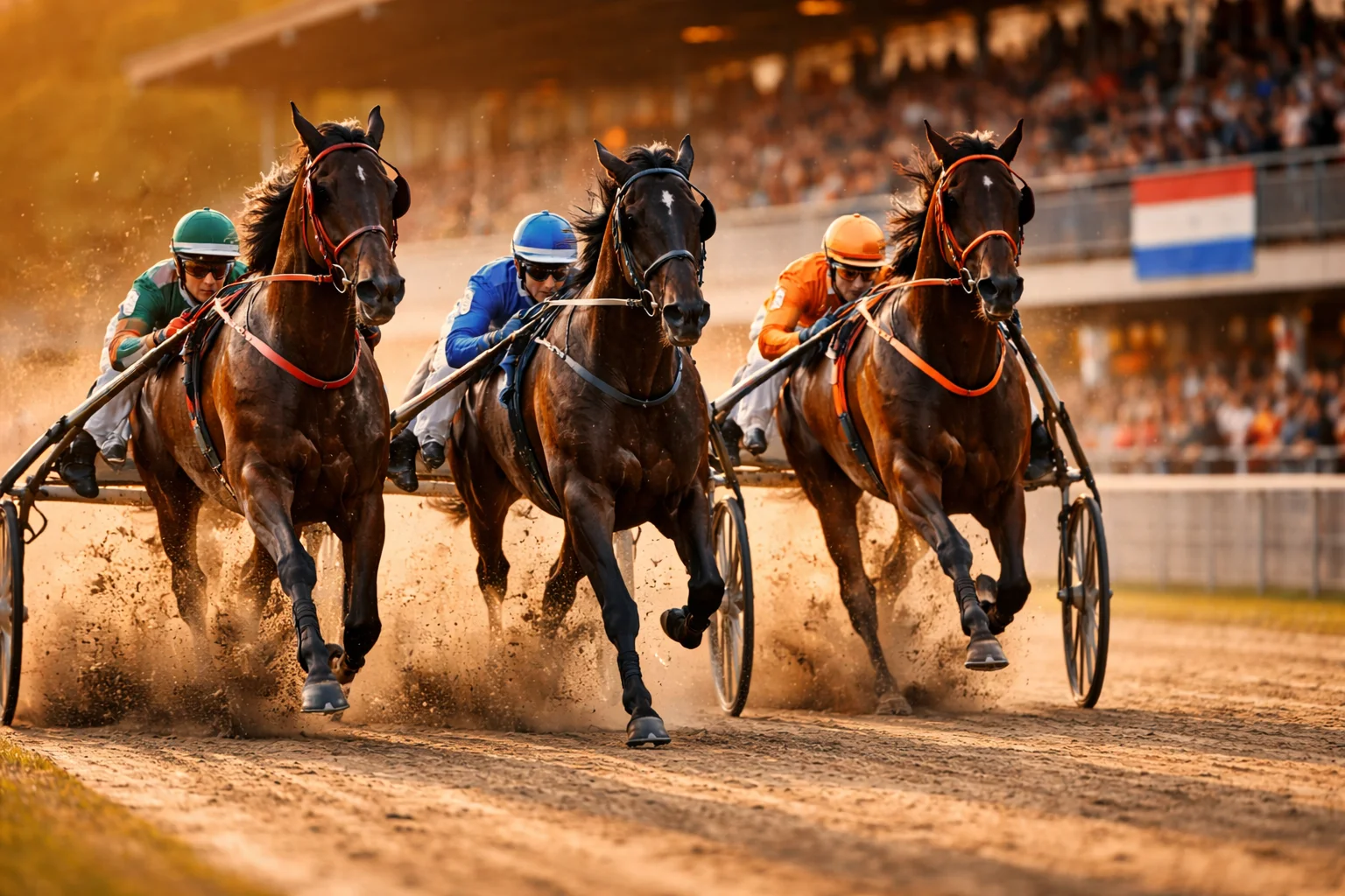 Spannende paardenrace op een Nederlandse drafbaan met publiek op de tribune