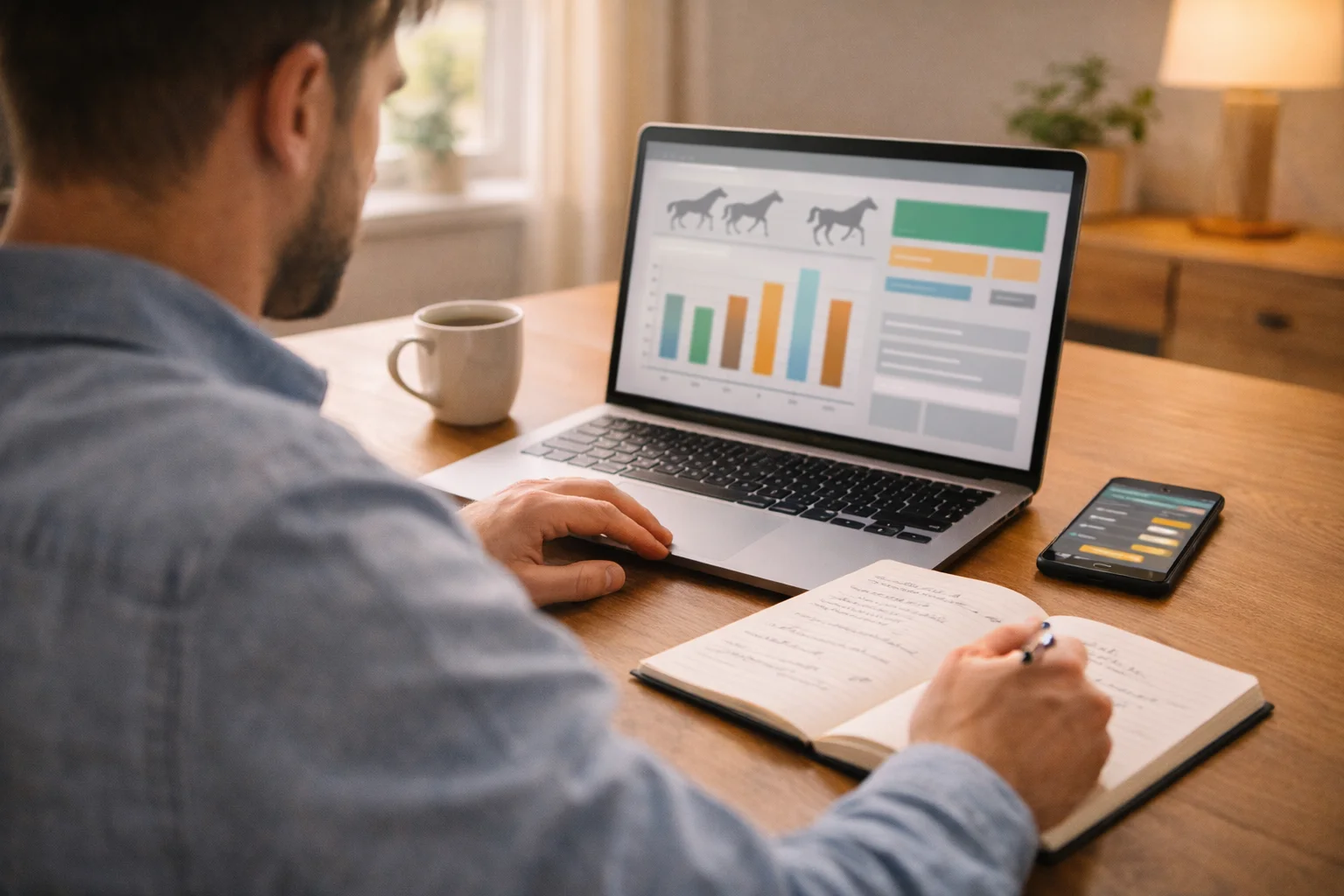 Persoon analyseert paardenraces op laptop met wedstatistieken op het scherm