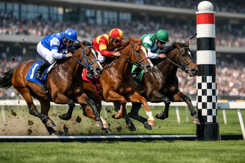 Paardenrace bij de finish met spanning
