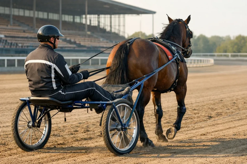 Pikeur met helm achter sulky tijdens drafrace