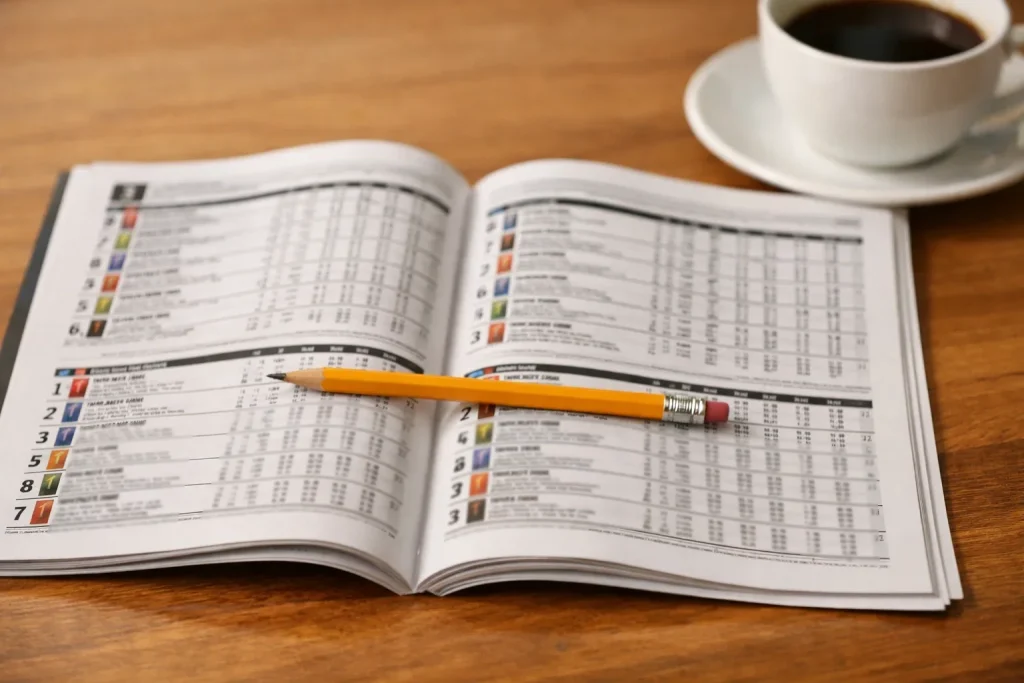 Raceprogramma met paardeninformatie op een bureau