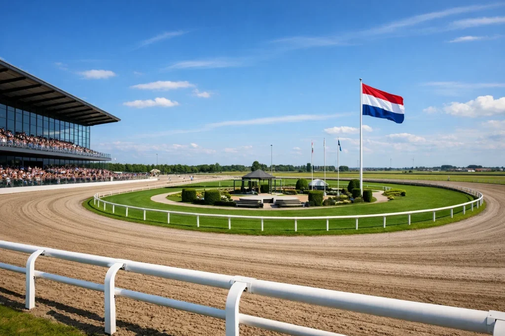 Panorama van Nederlandse renbaan met tribune en publiek