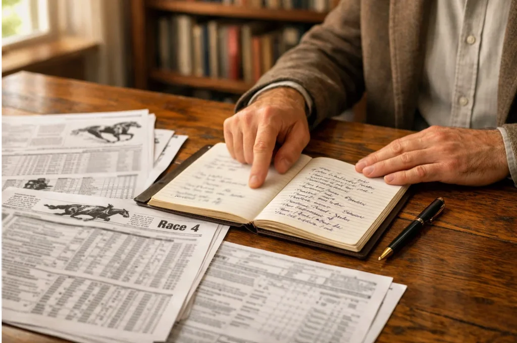 Persoon die paardenrace analyseert met documenten