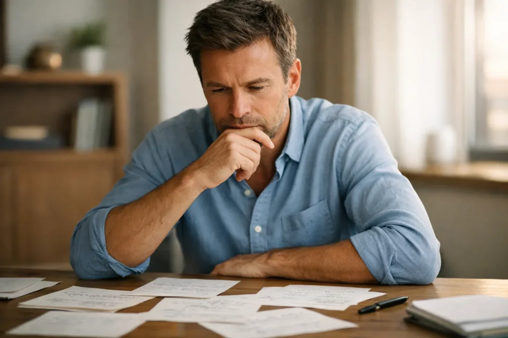 Persoon die nadenkt over strategie met notities