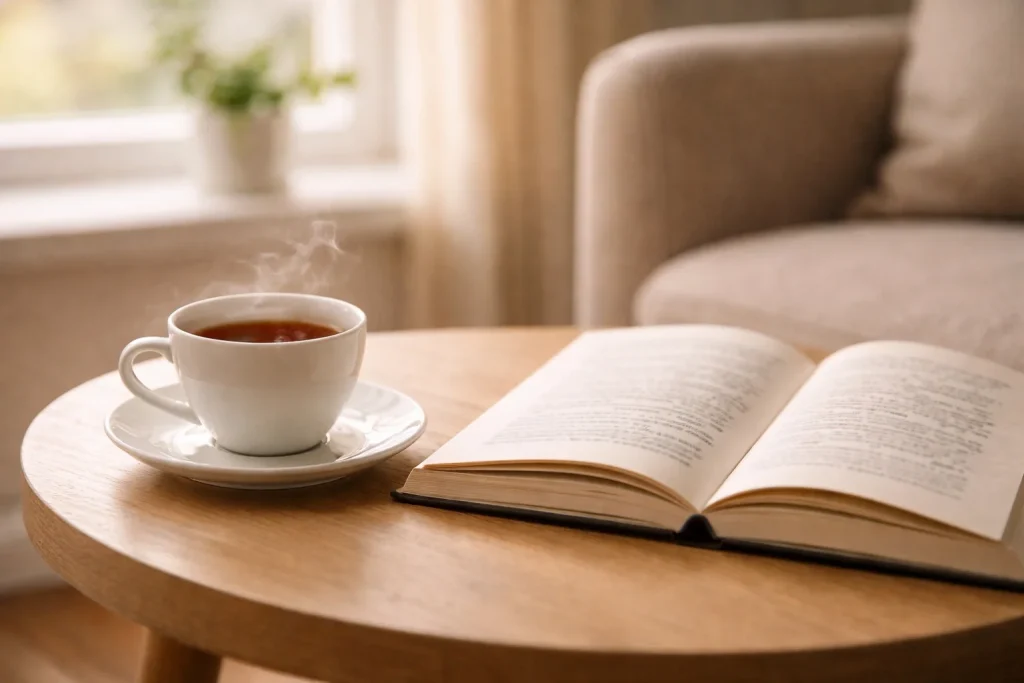Rustige sfeer met kopje thee en boek